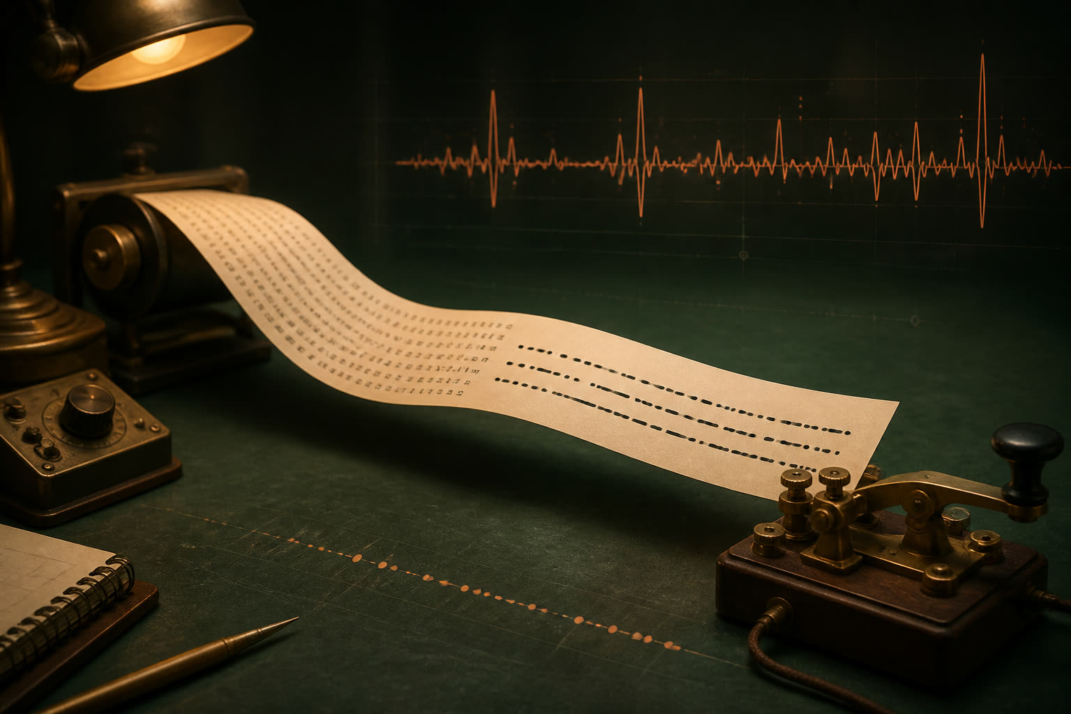 A telegraph key and paper tape turning written characters into timed Morse signals