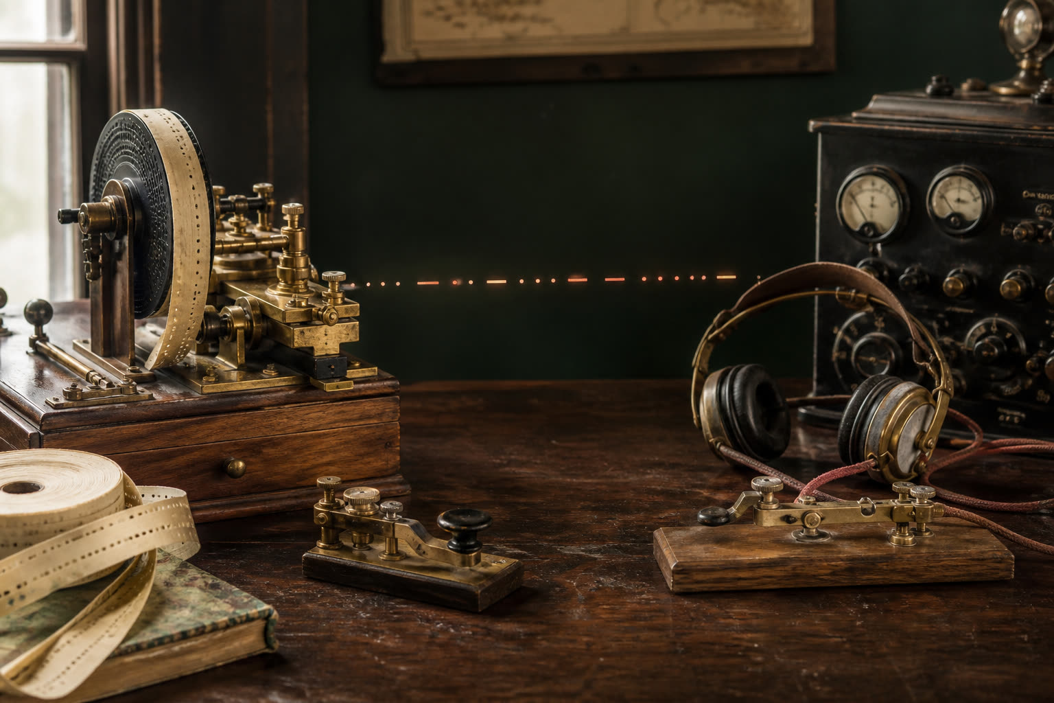 Historic landline telegraph equipment beside a later radio key and headphones