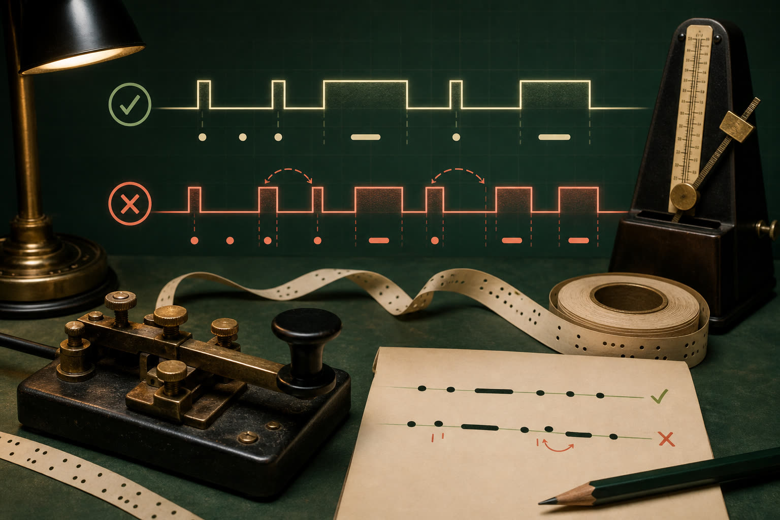 Correct and uneven Morse timing compared beside a telegraph key and metronome