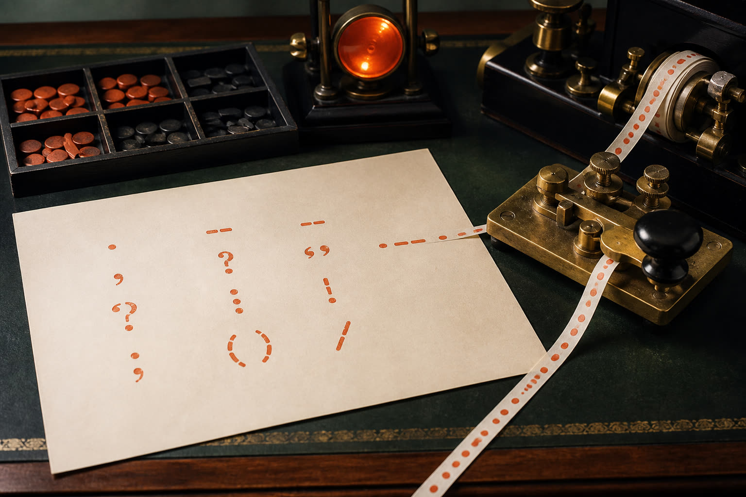 Printed punctuation, a telegraph key, and continuous procedural Morse signals