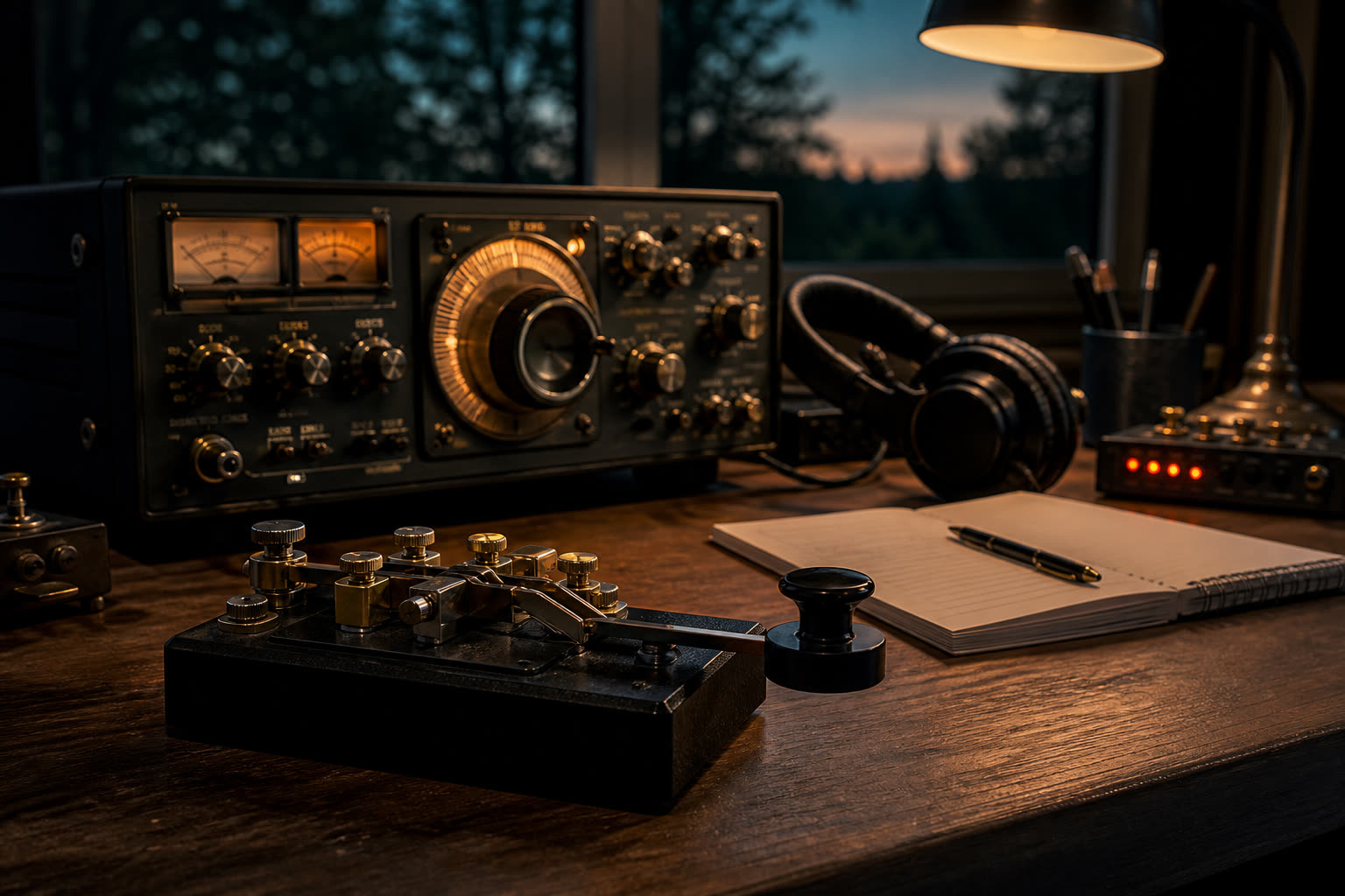 An amateur radio CW desk with a key, receiver, headphones, and logbook